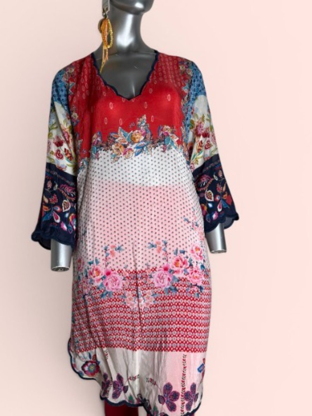 Johnny Was Red & Pink Floral Border Tunic Dress